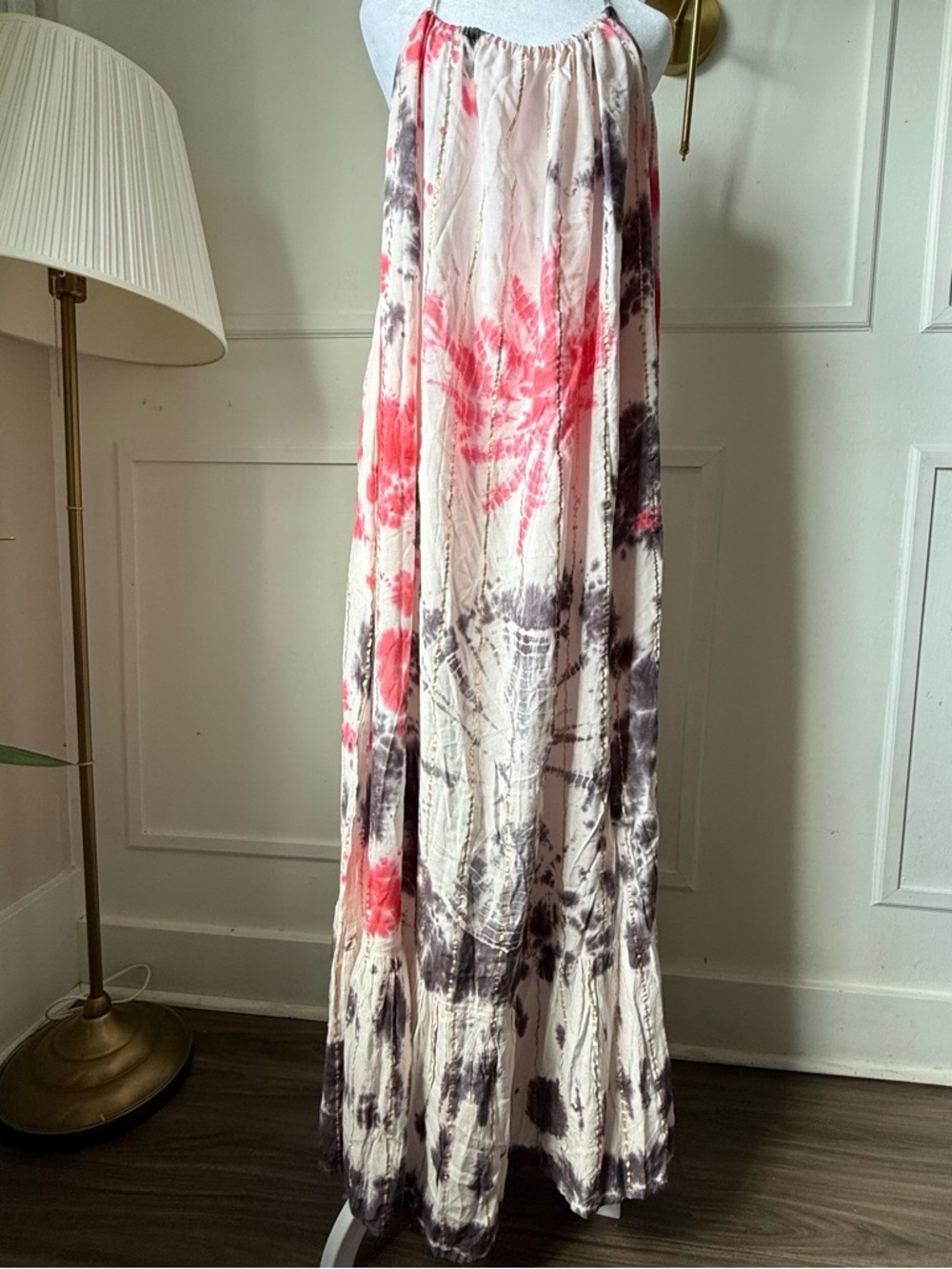 Women’s Maxi Halter Dress in Ivory with Pink & Gray Tie-Dye
